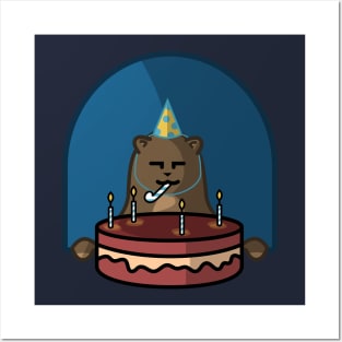 Adorable Bear Loving It's Birthday Cake Posters and Art